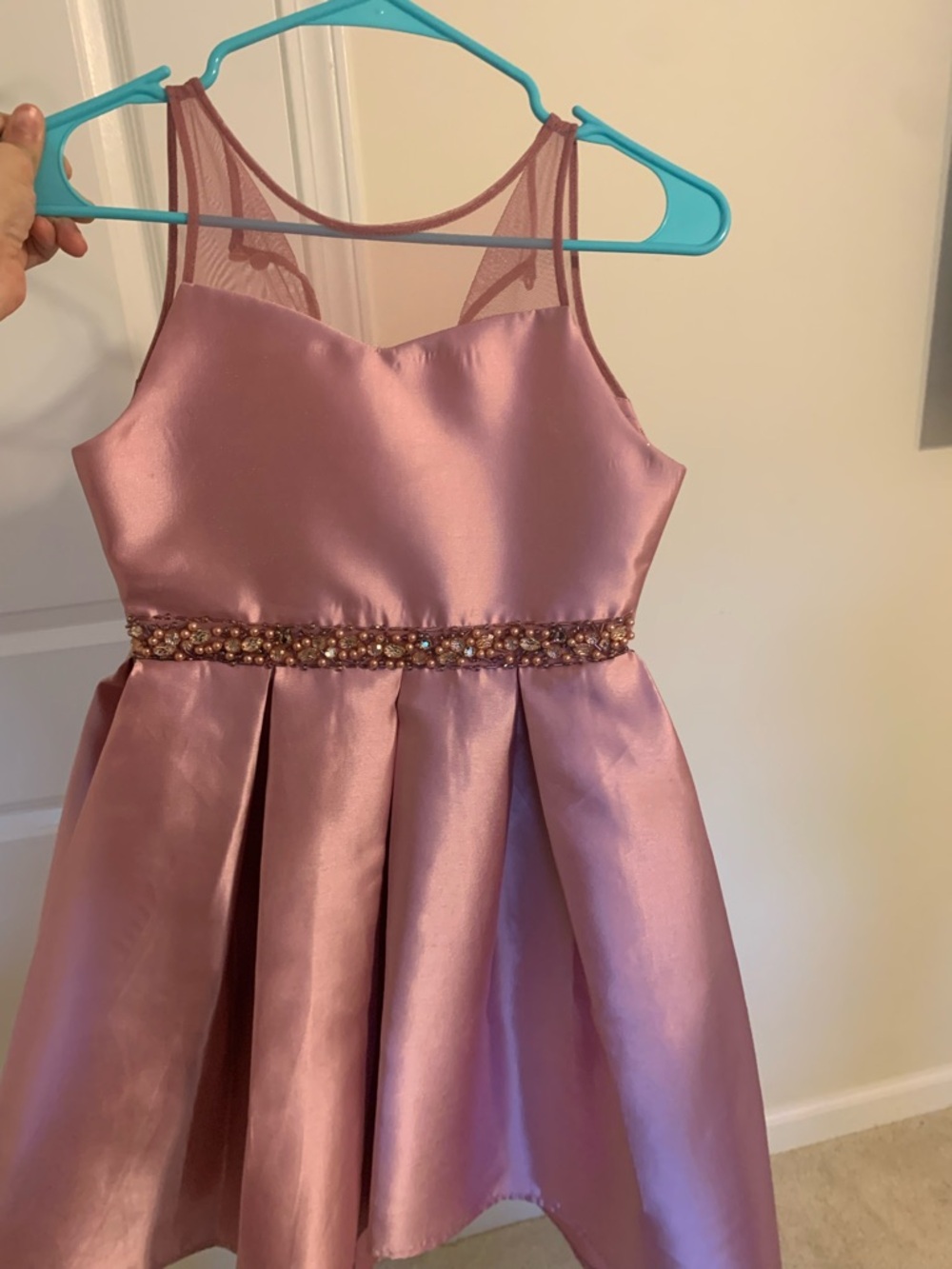 Rare Editions Dusty Rose Satin Fit-and-Flare Dress with Beaded Waist